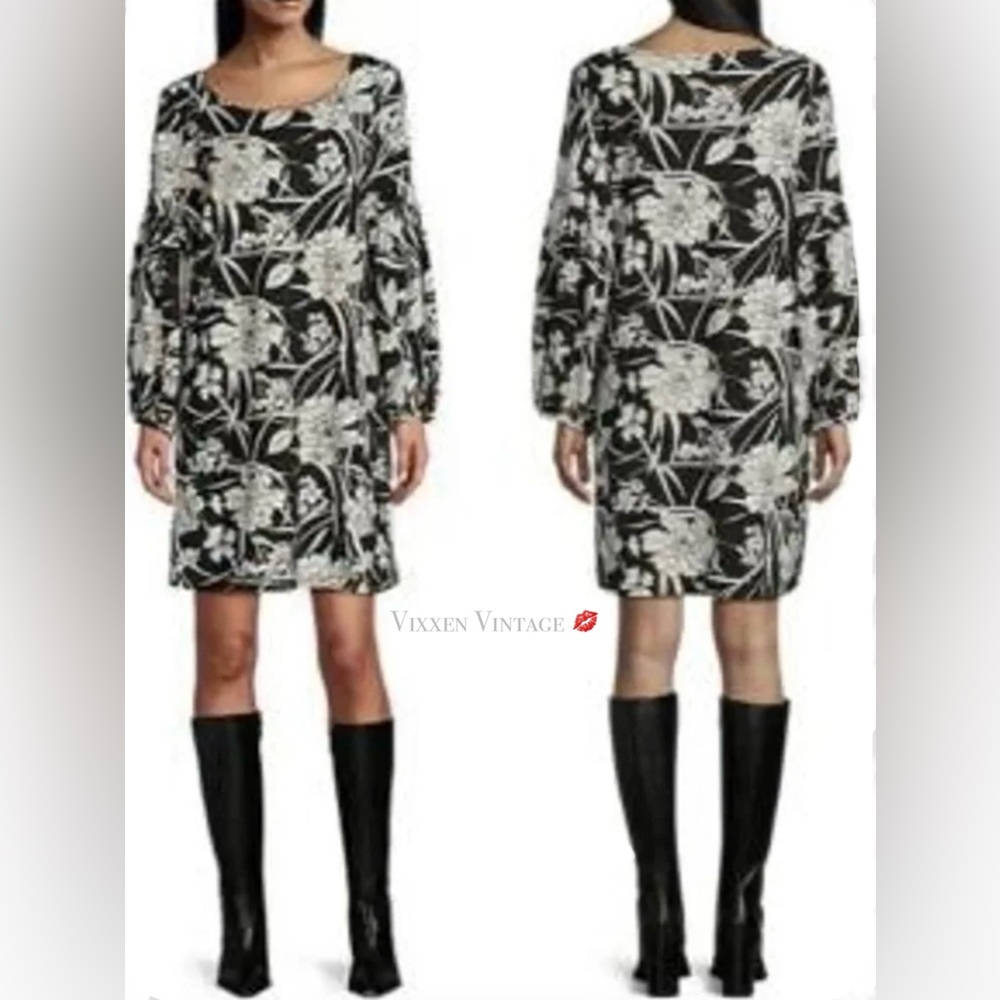 BRYN WALKER FLORAL LANTERN SLEEVE SHIFT ‘RYA DRESS’ IN CREAM/BLACK